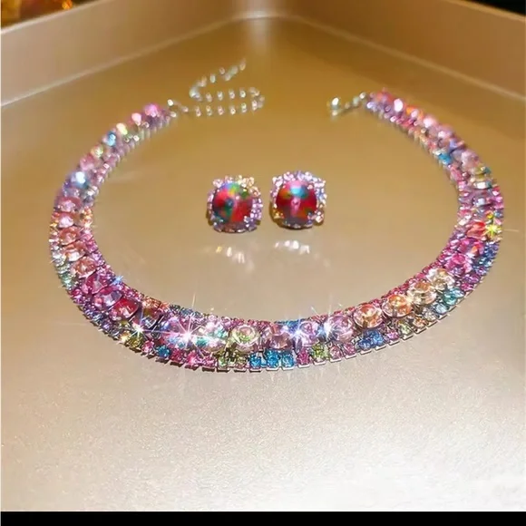 Sparkling Multicolor Rhinestone Necklace and Earring Set - Picture 7 of 9